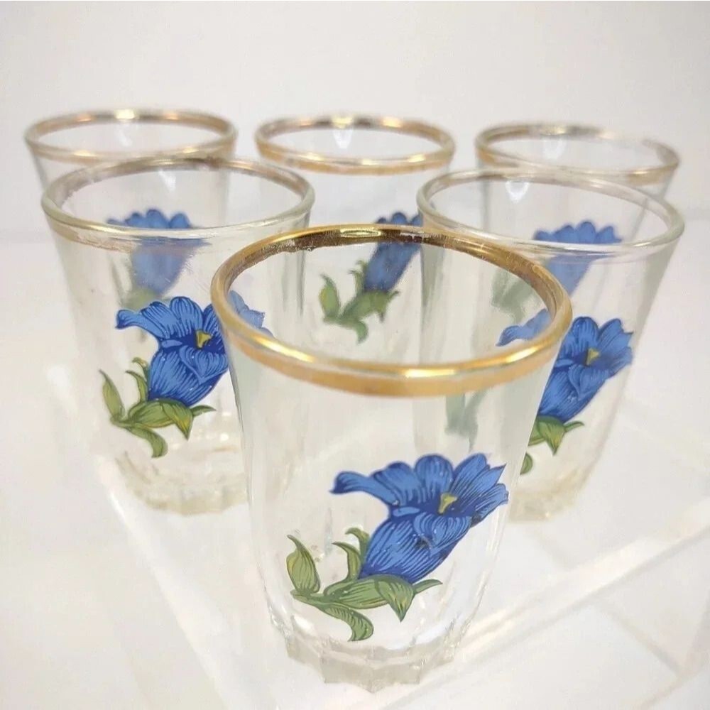 Vintage Shot Glasses With Blue Flower Pattern France Set of Six - Picture 2 of 11